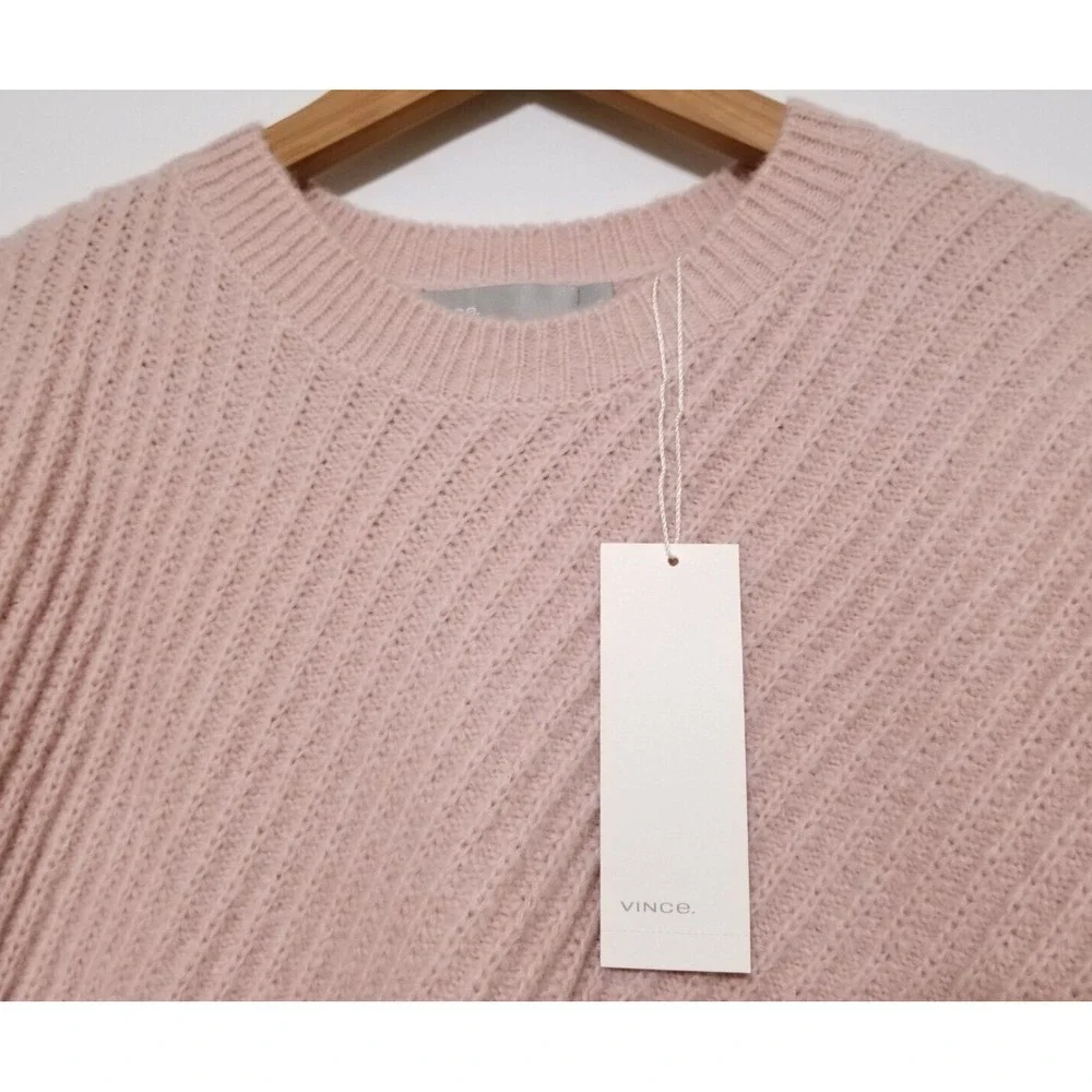 Vince Side Slit Wool Blend Ribbed Knit Crew Neck Sweater Blush Pink XS $325